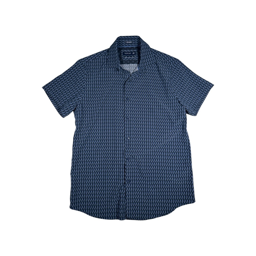 Cactus Man Ricky Singh Mens Blue Geometric 4-Way Stretch Short Sleeve Shirt M - Picture 1 of 4